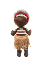 Suzie's Sunshine Dolls First Nations dancer doll with short hair, wearing a red headband, striped top, and fringed skirt.