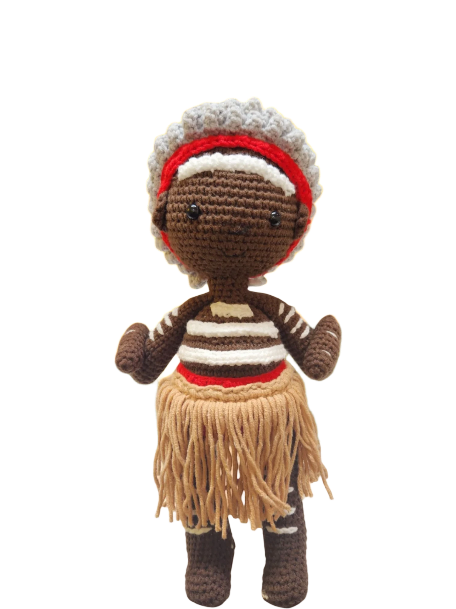 Suzie's Sunshine Dolls First Nations dancer doll with short hair, wearing a red headband, striped top, and fringed skirt.