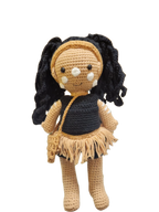 Suzie's Sunshine Dolls First Nations dancer doll with long black yarn hair, tan skin, black outfit, and fringed skirt.