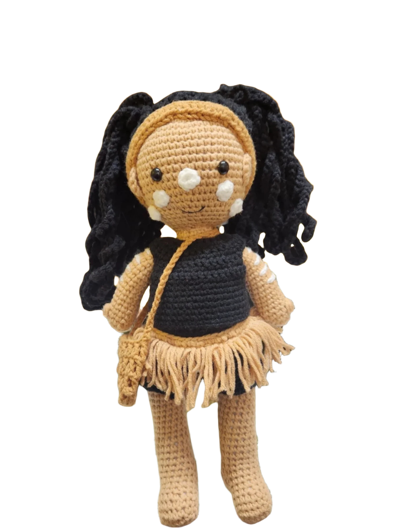 Suzie's Sunshine Dolls First Nations dancer doll with long black yarn hair, tan skin, black outfit, and fringed skirt.