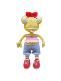Suzie's Sunshine Dolls Frieda the Frog, a yellow crochet doll with big eyes, red bow, pink crop top, blue shorts, striped socks, and red sneakers.