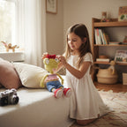 Suzie's Sunshine Dolls Frieda the Frog, a yellow crochet doll with big googly eyes, red bow, and tongue out. She wears a pink crop top, blue shorts, striped socks, and red sneakers.