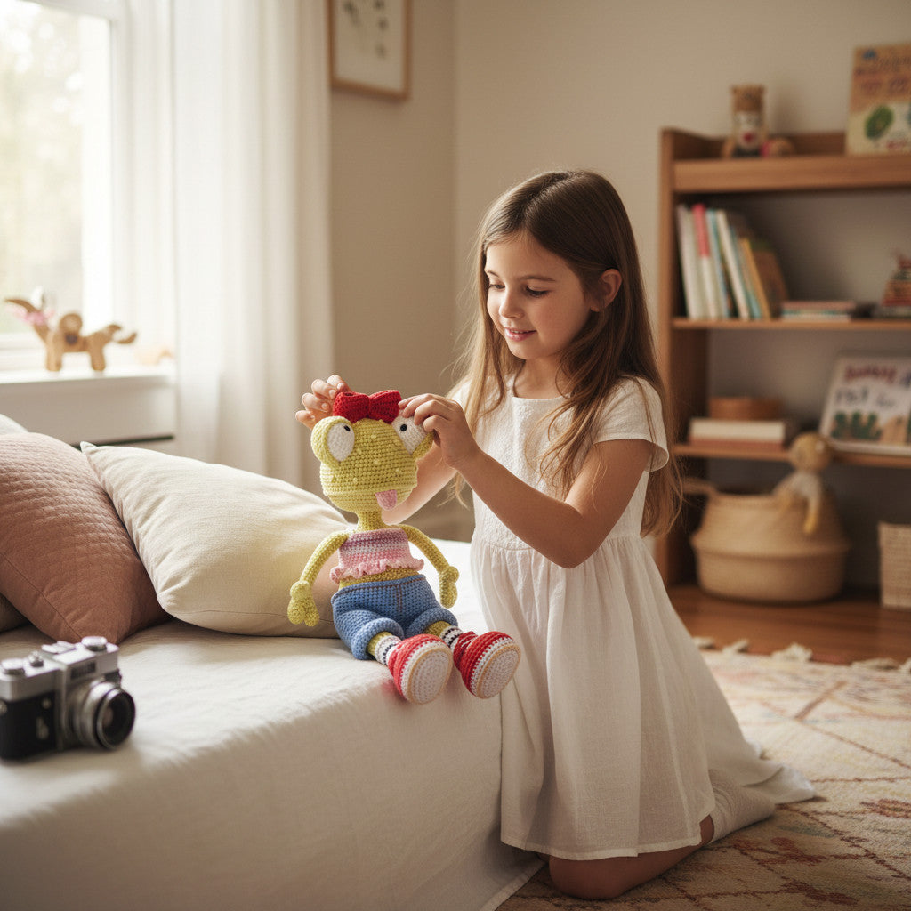 Suzie's Sunshine Dolls Frieda the Frog, a yellow crochet doll with big googly eyes, red bow, and tongue out. She wears a pink crop top, blue shorts, striped socks, and red sneakers.