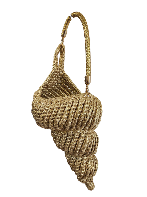 Suzie's Sunshine Dolls gold woven seashell shoulder bag with braided strap