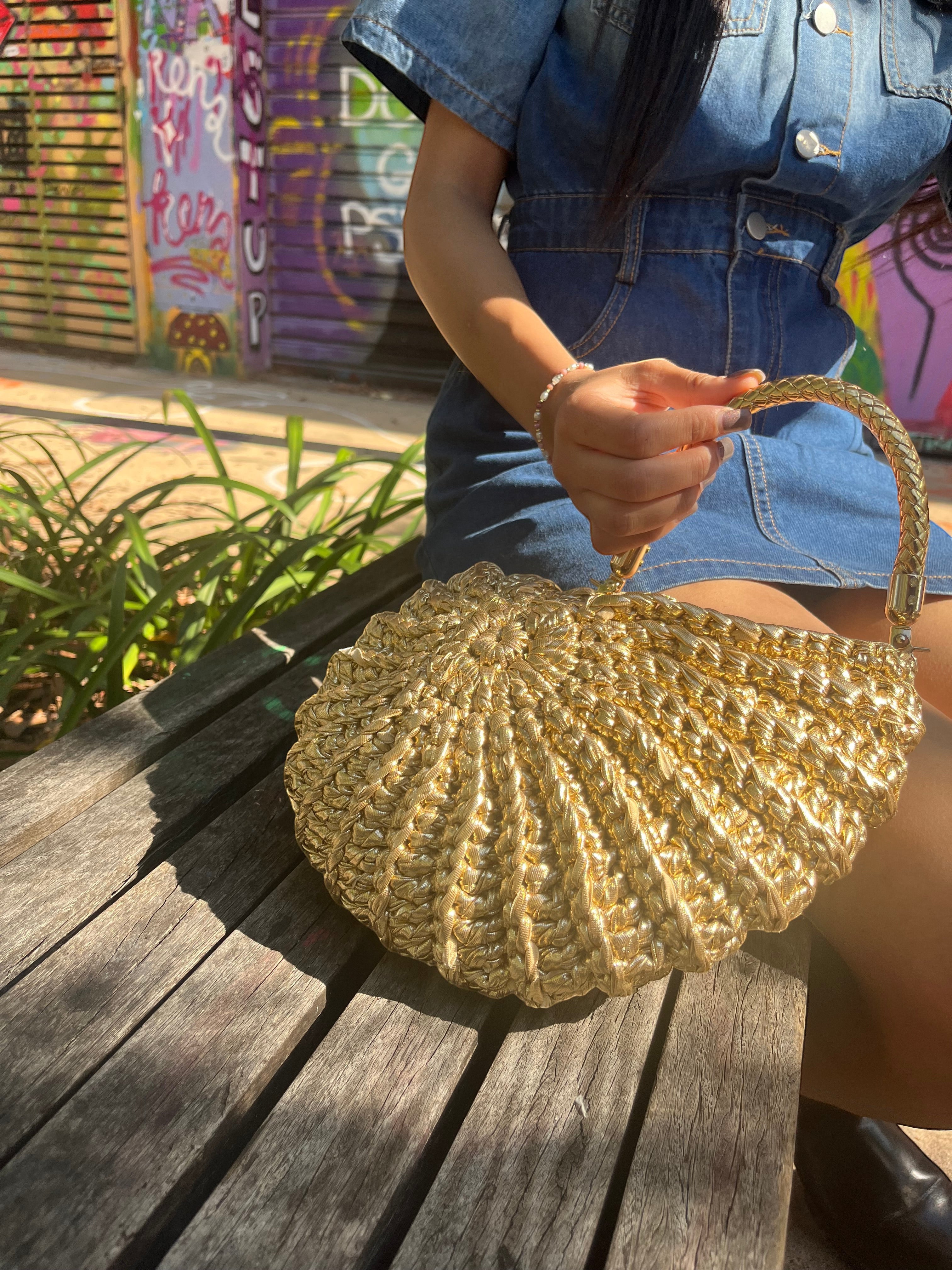 Suzie's Sunshine Dolls gold metallic woven shell shaped handbag with braided handle