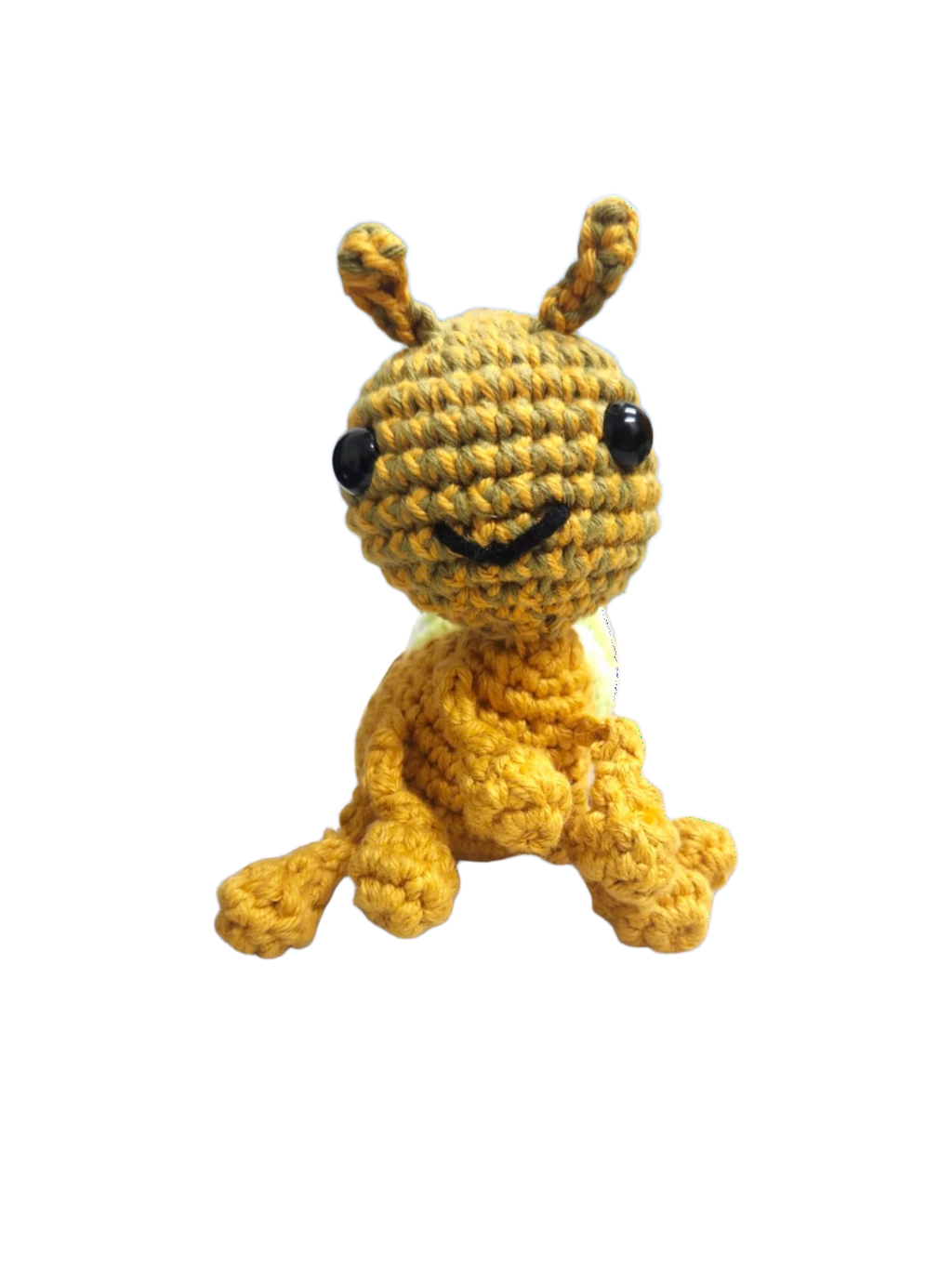 Suzie's Sunshine Dolls Gertrude the Green Ant crochet toy, golden-green yarn body, black eyes, stitched smile, antennae, approx. 10-12cm tall.