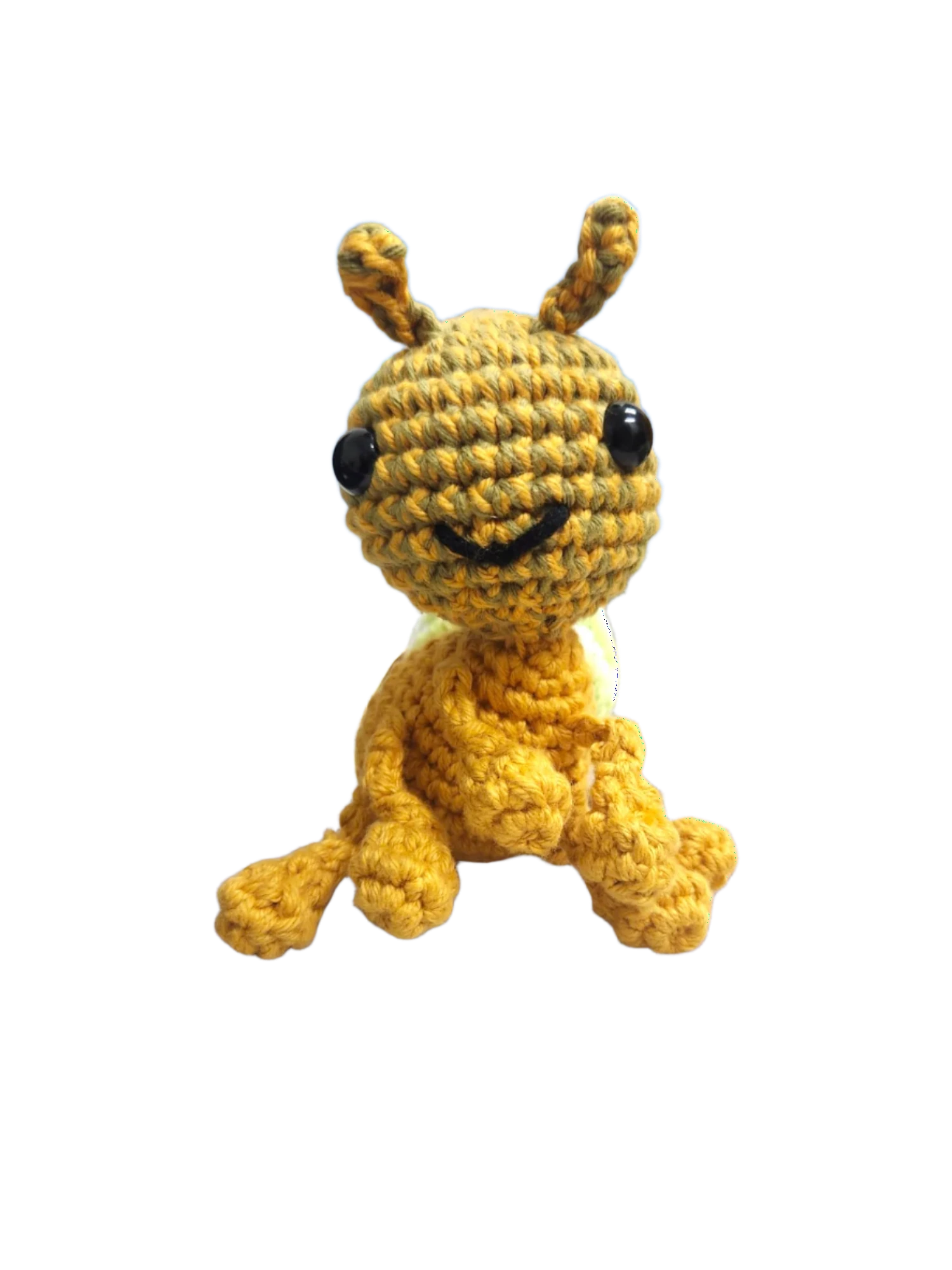 Suzie's Sunshine Dolls Gertrude the Green Ant crochet toy, golden-green yarn body, black eyes, stitched smile, antennae, approx. 10-12cm tall.