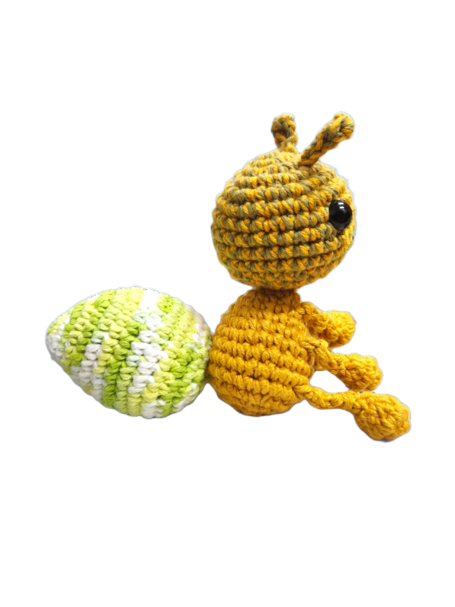 Suzie's Sunshine Dolls Gertrude the Green Ant crochet toy, yellow-green body, white & green speckled tail, black eyes, antennae.