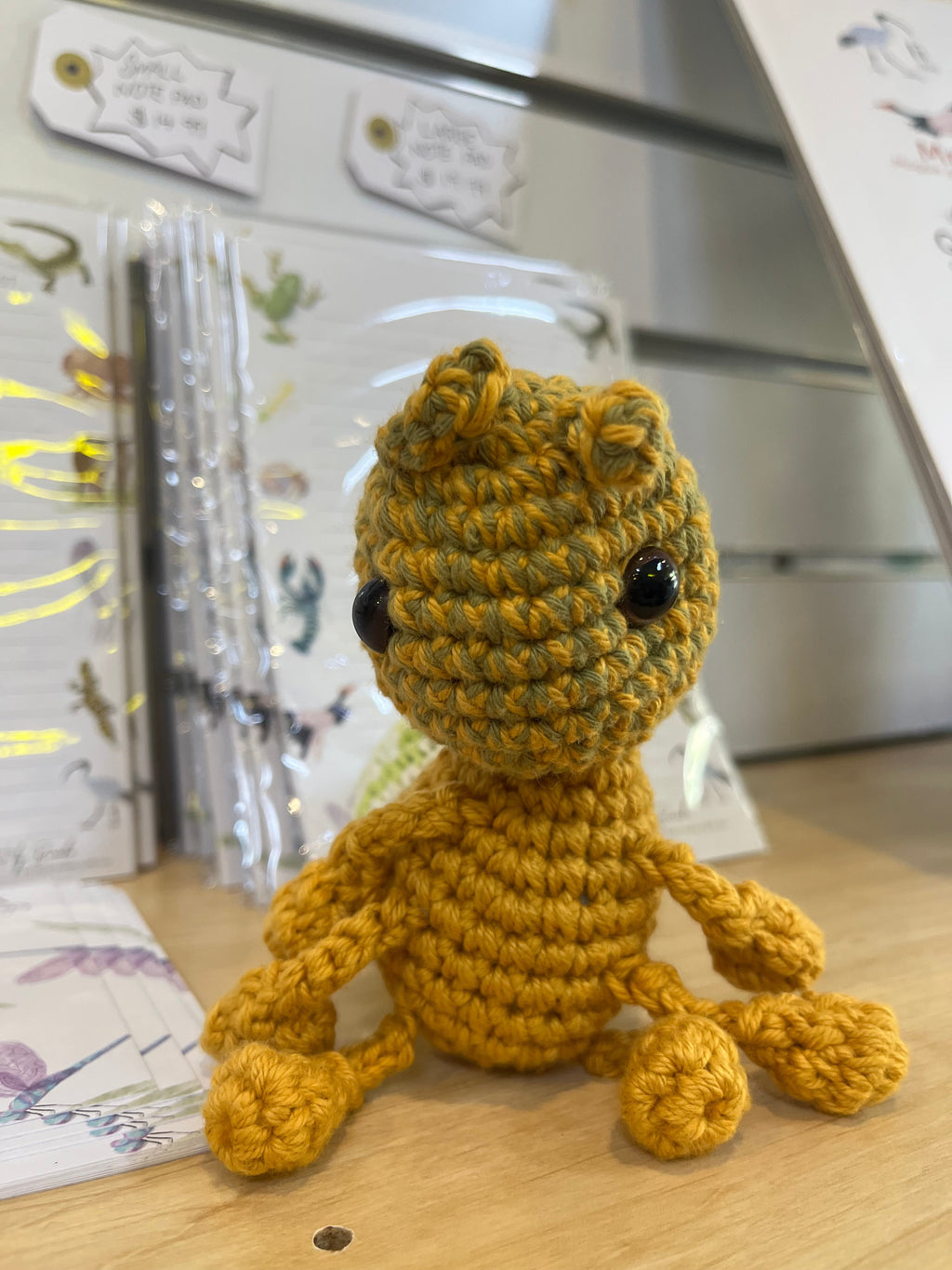 Suzie's Sunshine Dolls Gertrude the Green Ant crochet toy, yellow-green yarn, black eyes, antennae, 10-12cm tall.