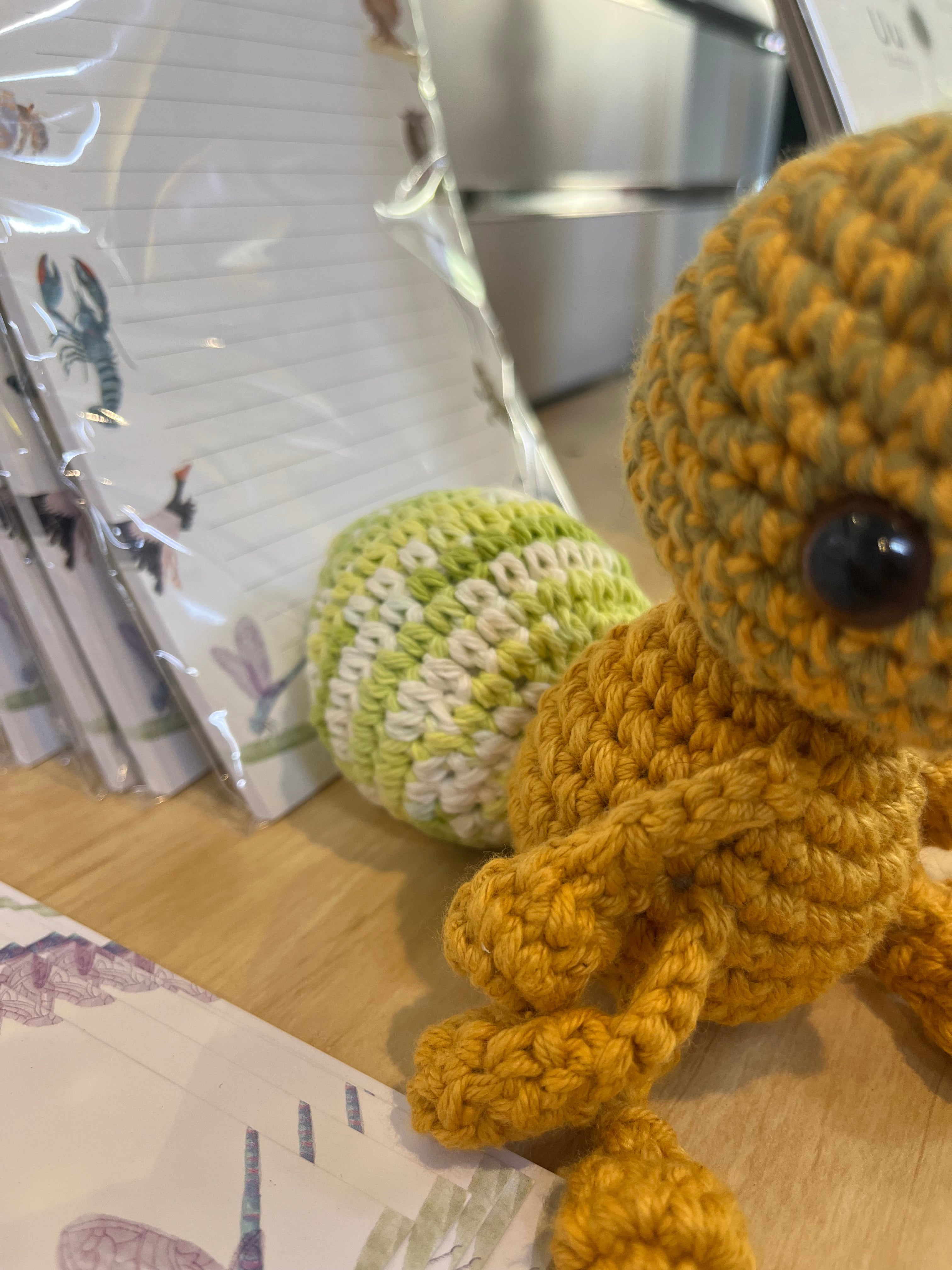 Suzie's Sunshine Dolls Gertrude the Green Ant crochet toy, yellow-green body, stitched smile, antennae, approx. 10-12cm tall.