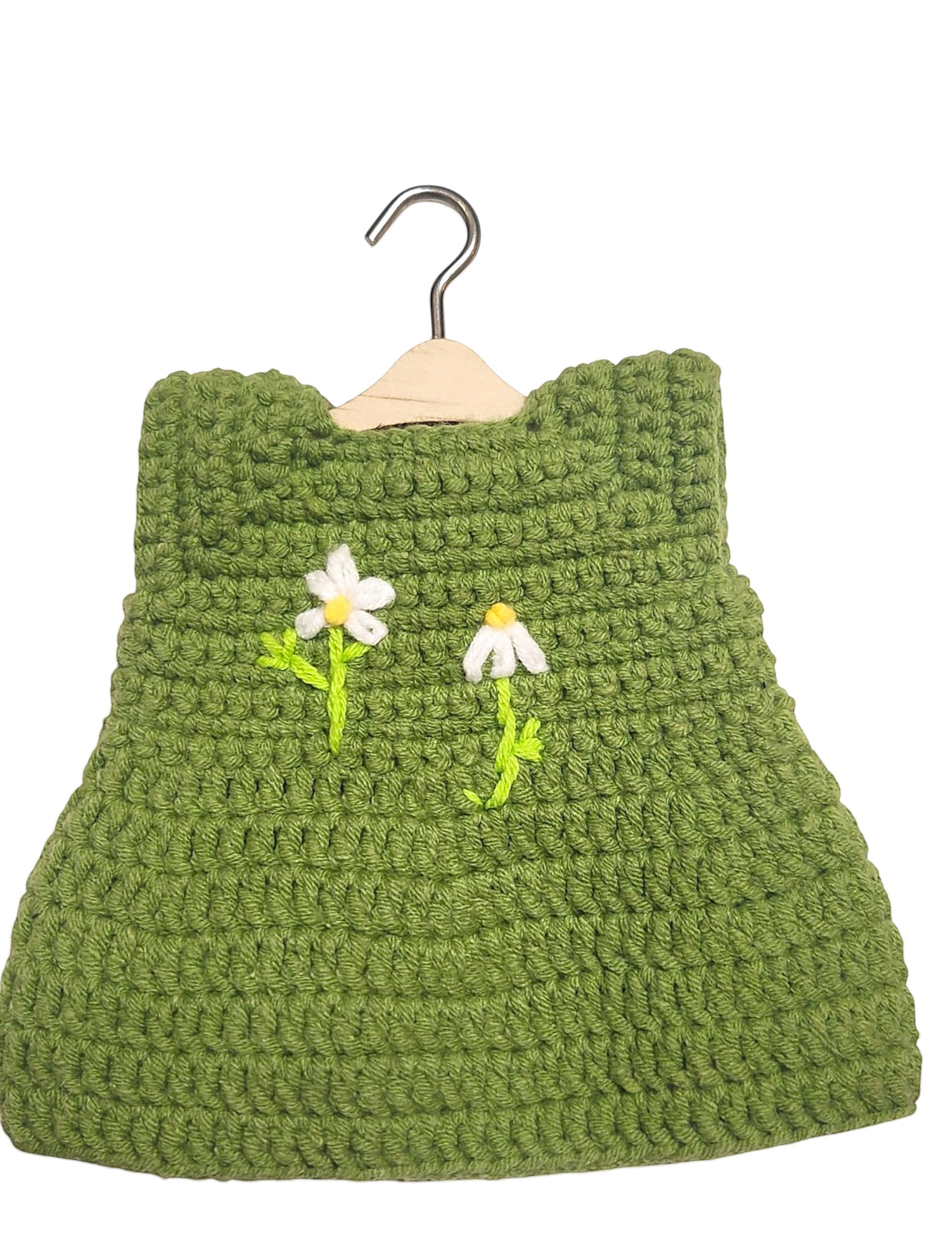 Suzie's Sunshine Dolls green crochet doll dress with embroidered white daisies and yellow centers, handmade yarn.