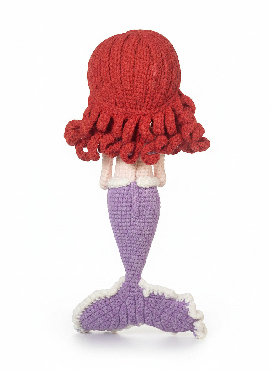 Suzie's Sunshine Dolls handmade crochet mermaid doll with red curly hair and purple tail.
