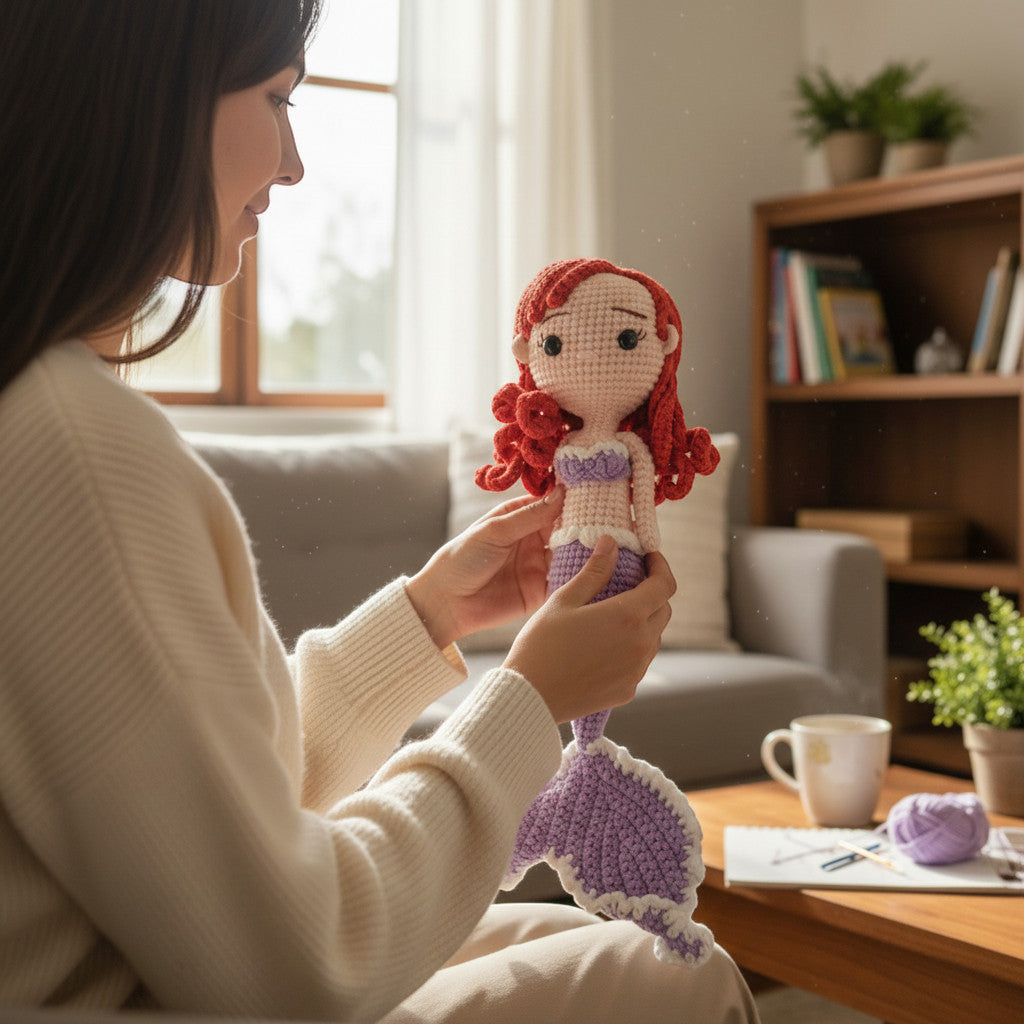 Suzie's Sunshine Dolls handmade crochet mermaid doll with red hair and purple tail.