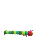 Suzie's Sunshine Dolls The Very Hungry Caterpillar crochet toy, green, red, and purple yarn, 30-35cm long, handmade in Australia.