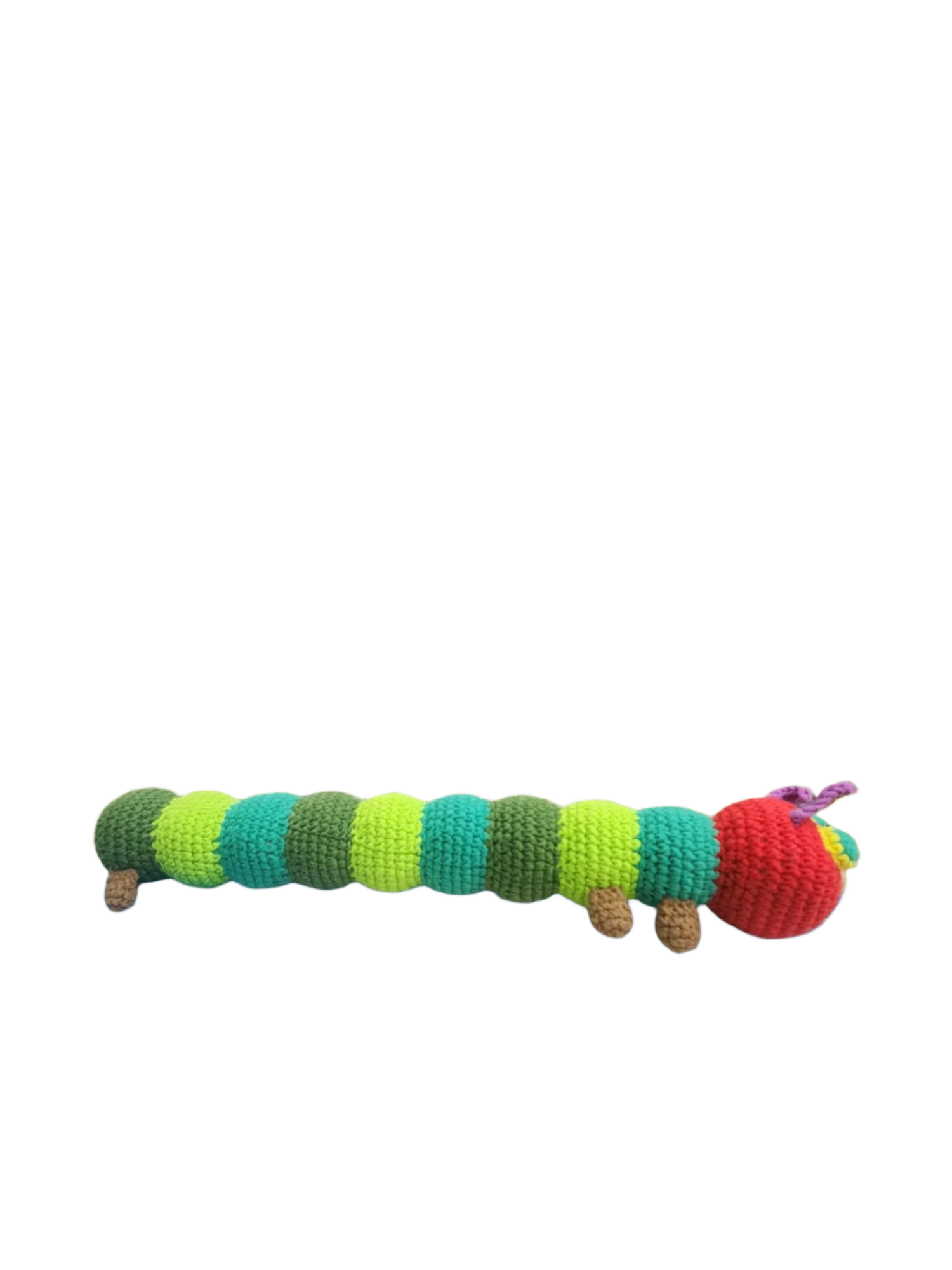 Suzie's Sunshine Dolls The Very Hungry Caterpillar crochet toy, green, red, and purple yarn, 30-35cm long, handmade in Australia.