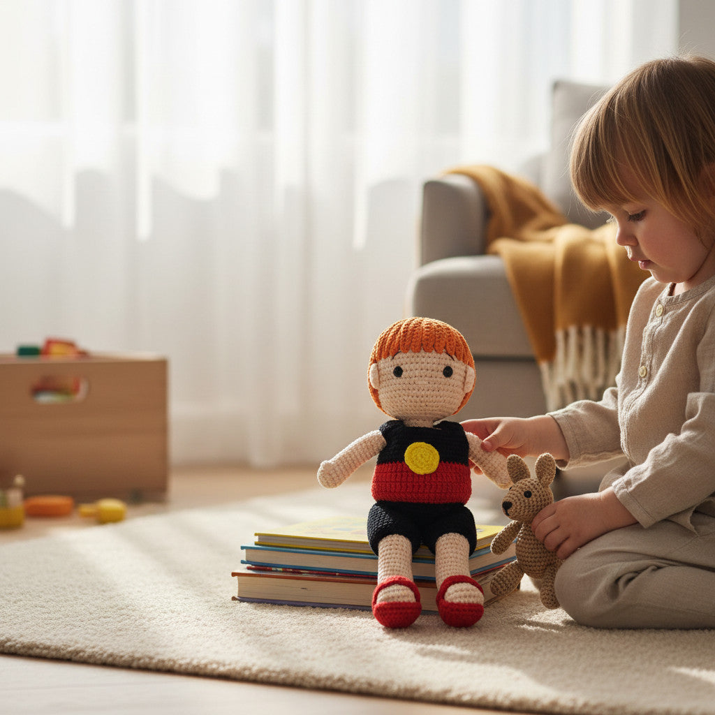 Suzie's Sunshine Dolls Coen, a crocheted Indigenous Australian doll with short orange hair, wearing a red, black, and yellow outfit and red sandals.