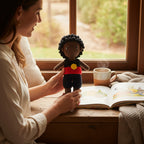 Suzie's Sunshine Dolls Coen, a crochet Indigenous Australian doll with short curly hair, wearing a black, red, and yellow outfit.