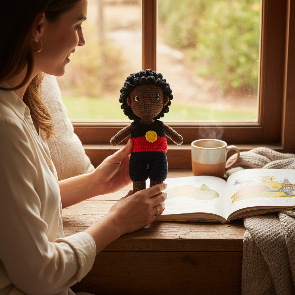 Suzie's Sunshine Dolls Coen, a crochet Indigenous Australian doll with short curly hair, wearing a black, red, and yellow outfit.