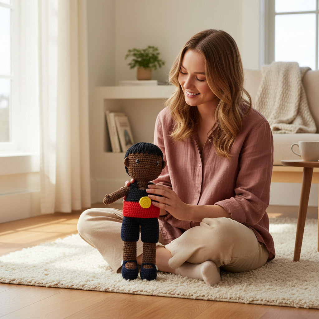 Suzie's Sunshine Dolls Coen, a crochet Indigenous Australian doll with short black hair, wearing a red, yellow, and black outfit.