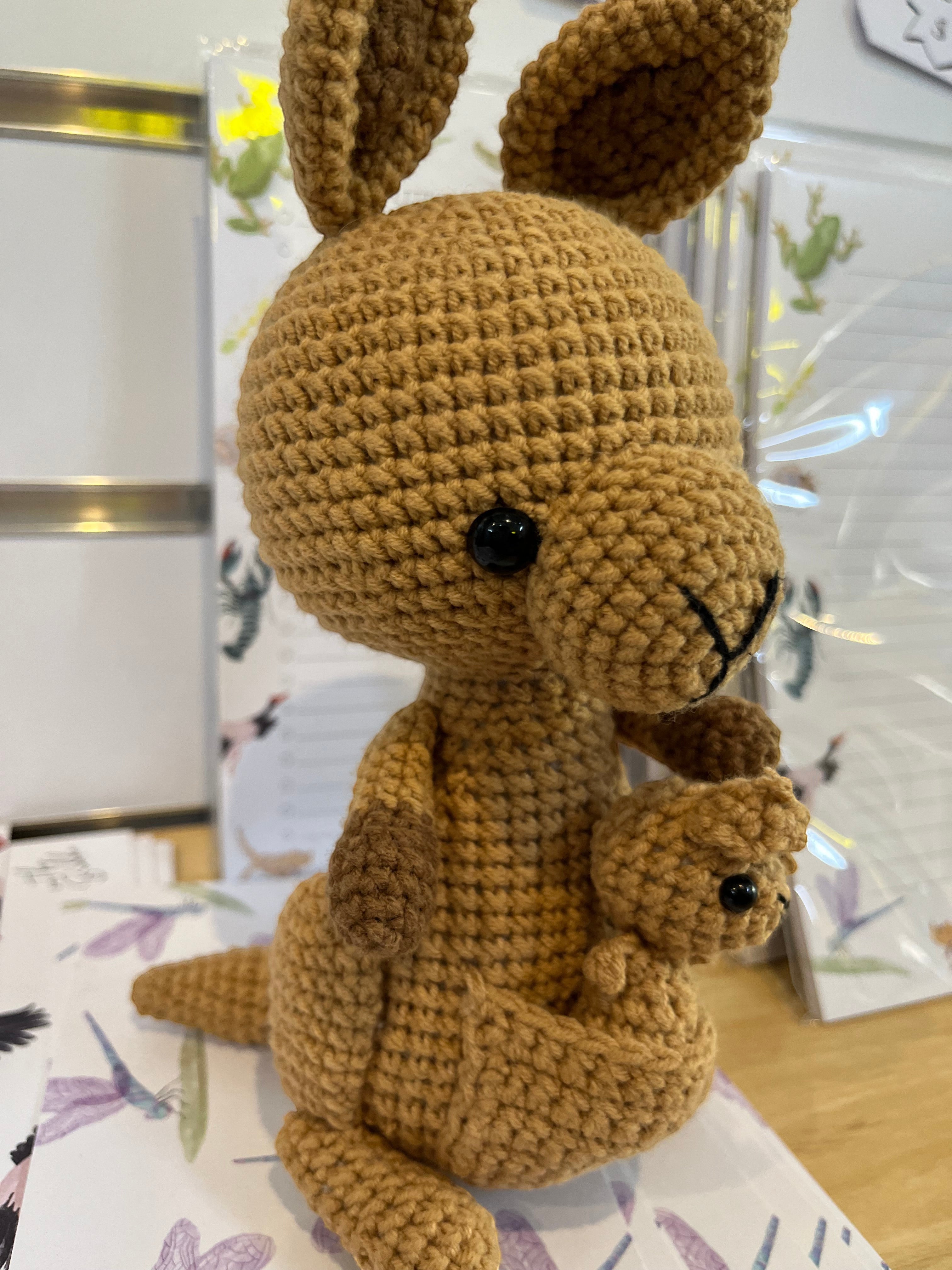 Suzie's Sunshine Dolls Kirsty the Kangaroo handmade crochet toy with joey in pouch, brown yarn, approx 22-25cm tall.