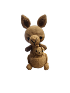 Suzie's Sunshine Dolls Kirsty the Kangaroo, a handmade brown crochet toy with a joey in her pouch. Approx 22-25cm.