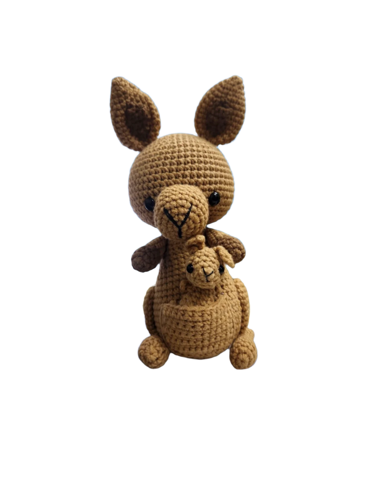 Suzie's Sunshine Dolls Kirsty the Kangaroo, a handmade brown crochet toy with a joey in her pouch. Approx 22-25cm.