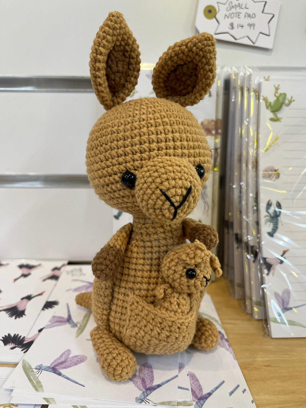 Suzie's Sunshine Dolls Kirsty the Kangaroo crochet doll with joey, brown yarn, handmade, 22-25cm tall.