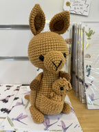 Suzie's Sunshine Dolls Kirsty the Kangaroo crochet doll with joey, brown yarn, handmade, 22-25cm tall.
