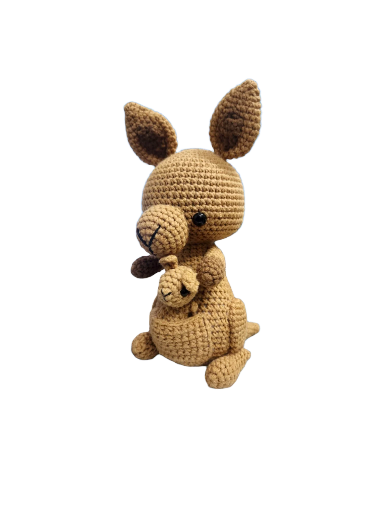 Suzie's Sunshine Dolls Kirsty the Kangaroo crochet toy with joey in pouch, brown yarn, handmade, 22-25cm