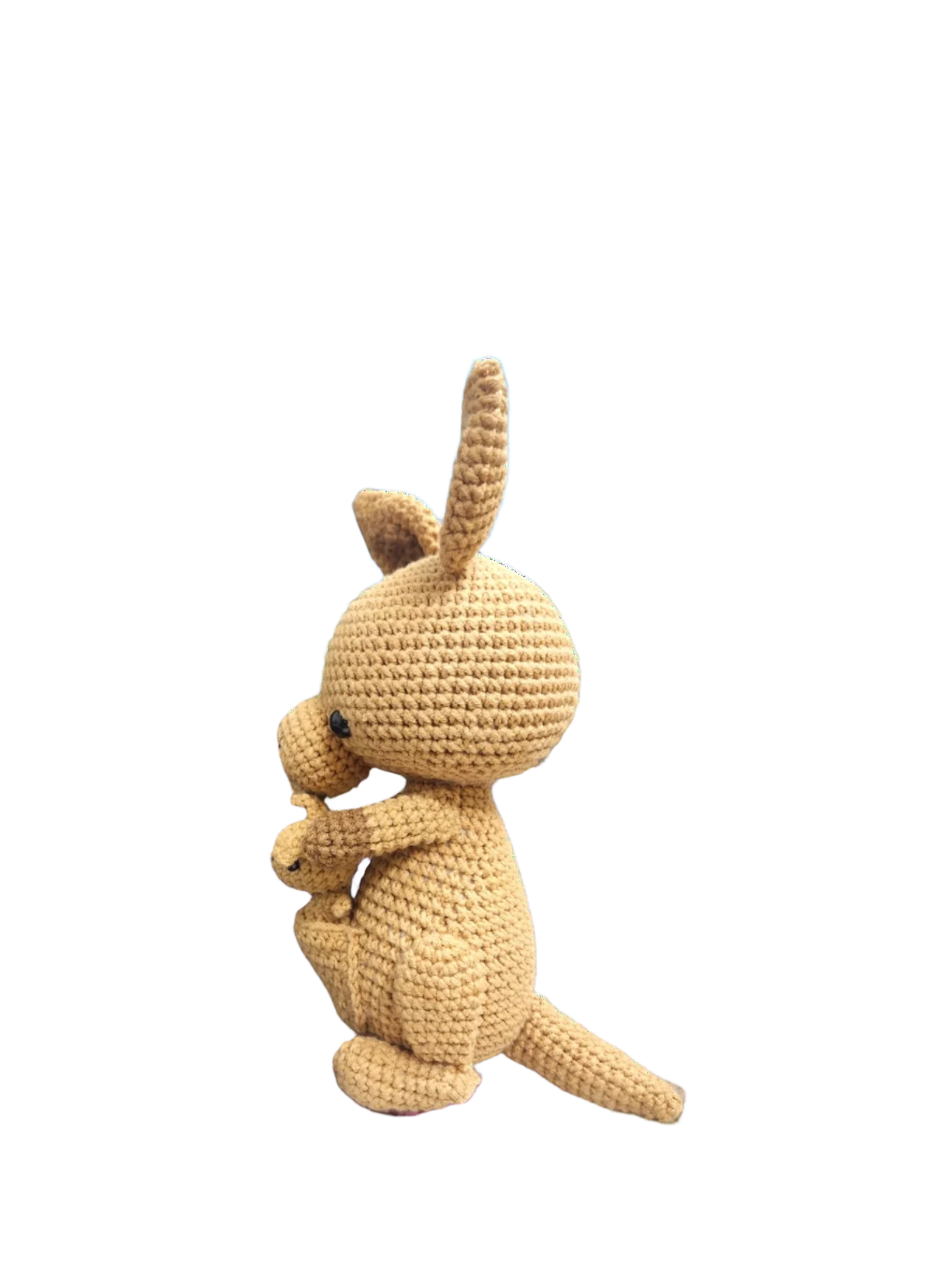 Suzie's Sunshine Dolls Kirsty the Kangaroo crochet toy with joey in pouch, tan yarn, handmade, 22-25cm