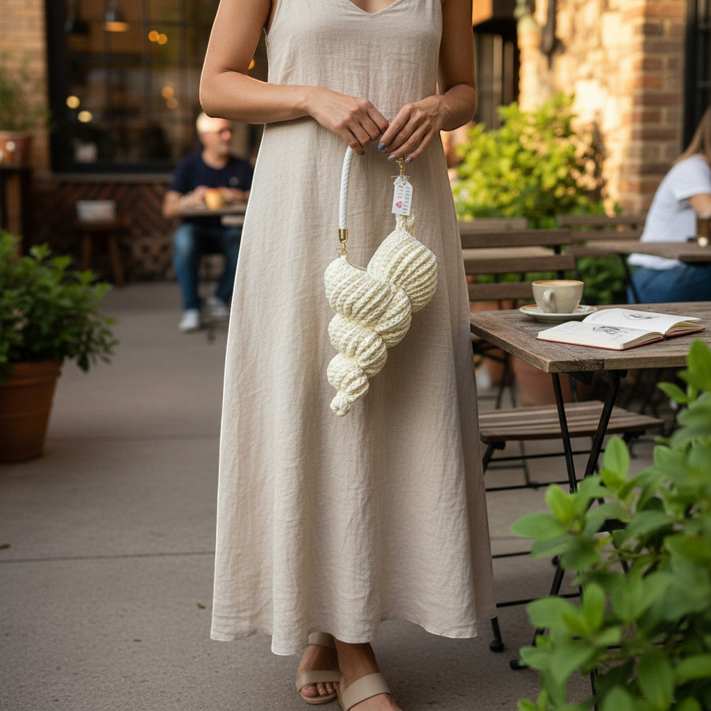 Suzie's Sunshine Dolls cream crocheted seashell handbag with braided rope handle.