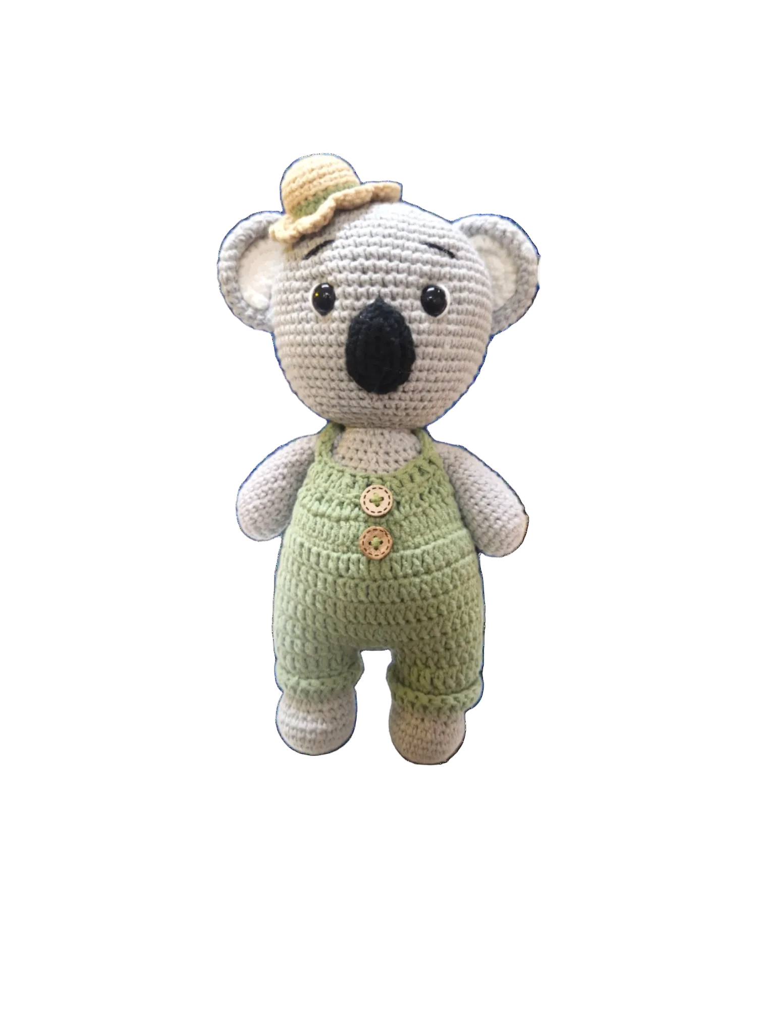 Suzie's Sunshine Dolls Kolby the Koala, a grey crocheted stuffed animal wearing green overalls and a straw hat.