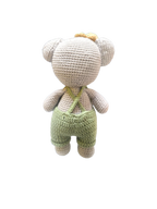 Suzie's Sunshine Dolls Kolby the Koala, a grey crochet toy with green overalls and a straw hat. Handmade in Australia.