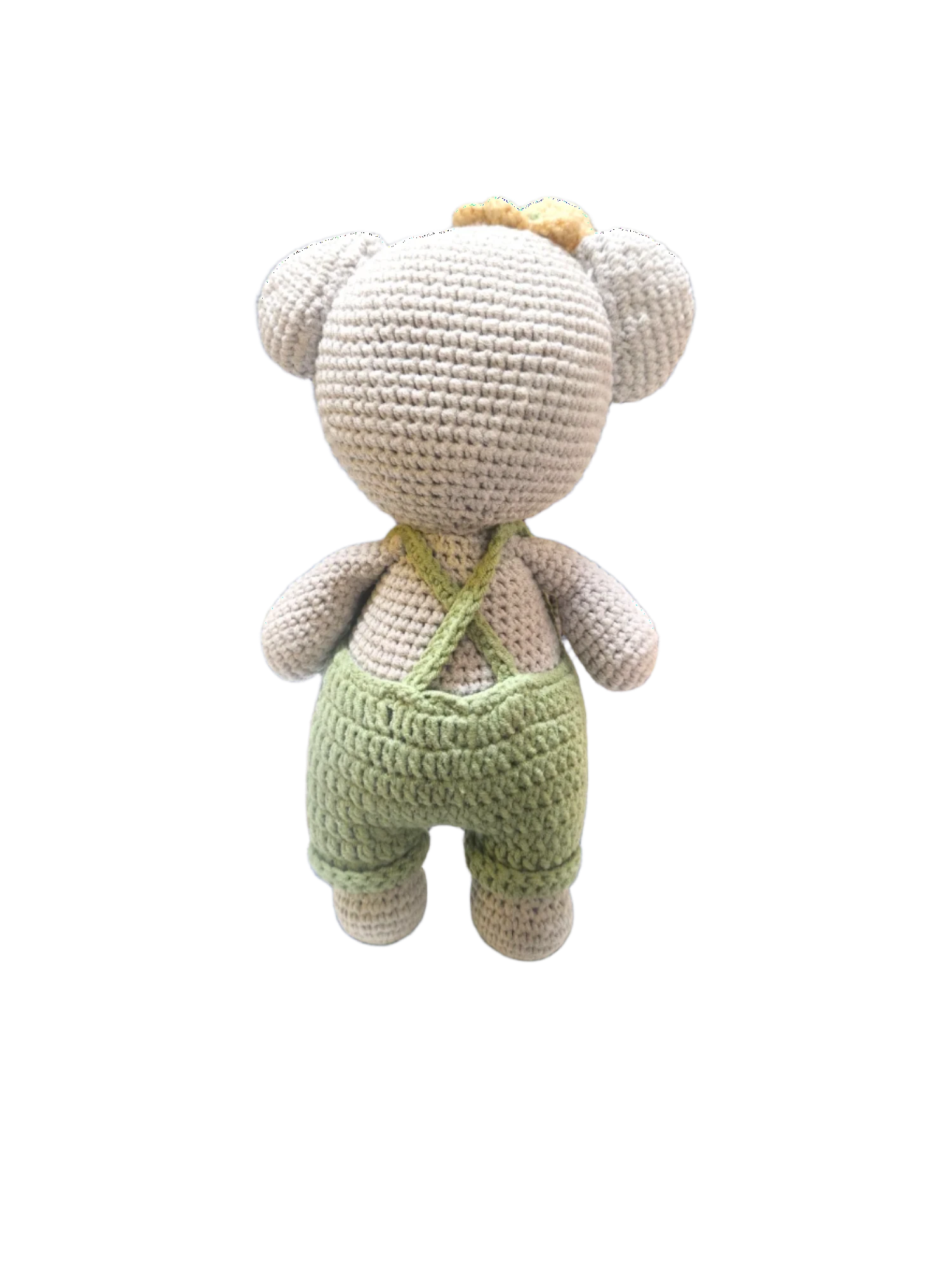 Suzie's Sunshine Dolls Kolby the Koala, a grey crochet toy with green overalls and a straw hat. Handmade in Australia.