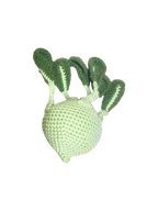 Suzie's Sunshine Dolls hand-crocheted light green kohlrabi with green leaves, perfect for play kitchens.