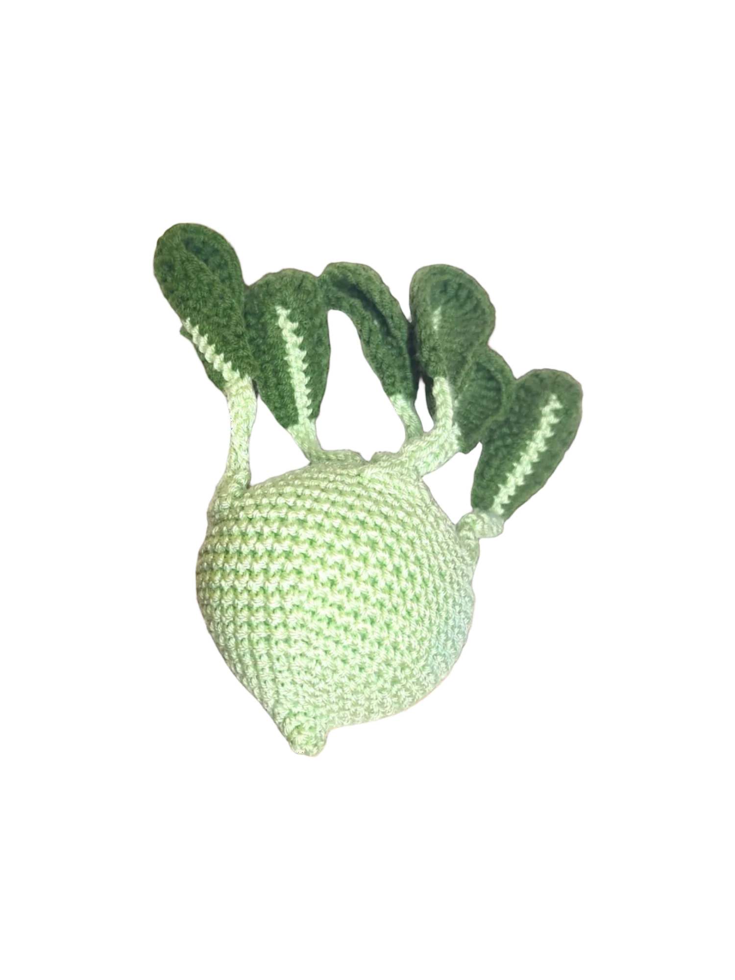 Suzie's Sunshine Dolls hand-crocheted light green kohlrabi with green leaves, perfect for play kitchens.