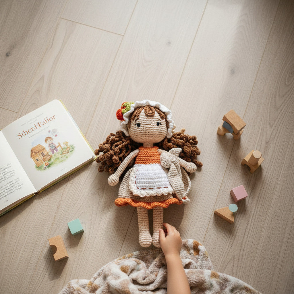 Suzie's Sunshine Dolls Little Miss Cherry Pie handmade crochet doll with brown curls, apron, and cherry hat.