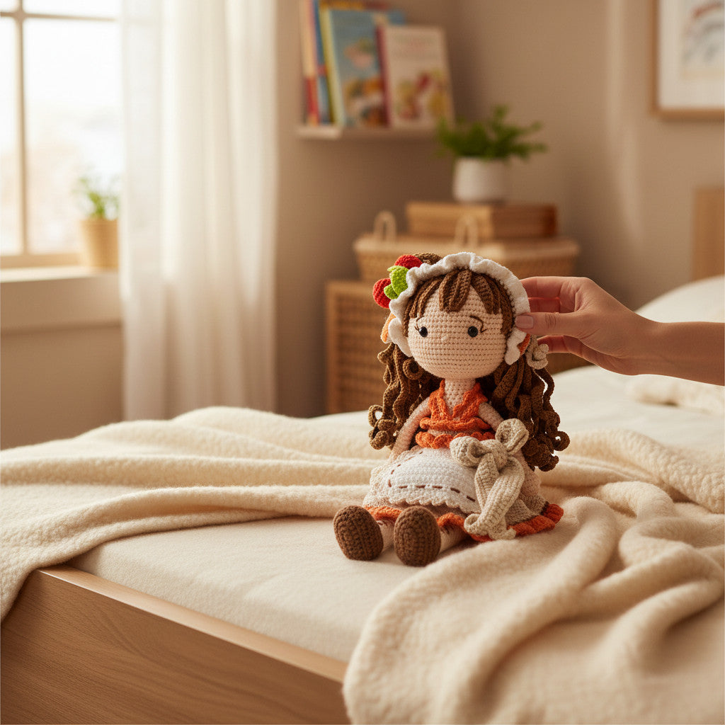 Suzie's Sunshine Dolls Little Miss Cherry Pie handmade crocheted doll with brown curls, apron, and felt pie accessory.