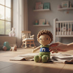 Suzie's Sunshine Dolls Malakai, a crocheted Torres Strait Islander doll with short brown hair, wearing green shorts and a blue top with a white Dhari symbol.