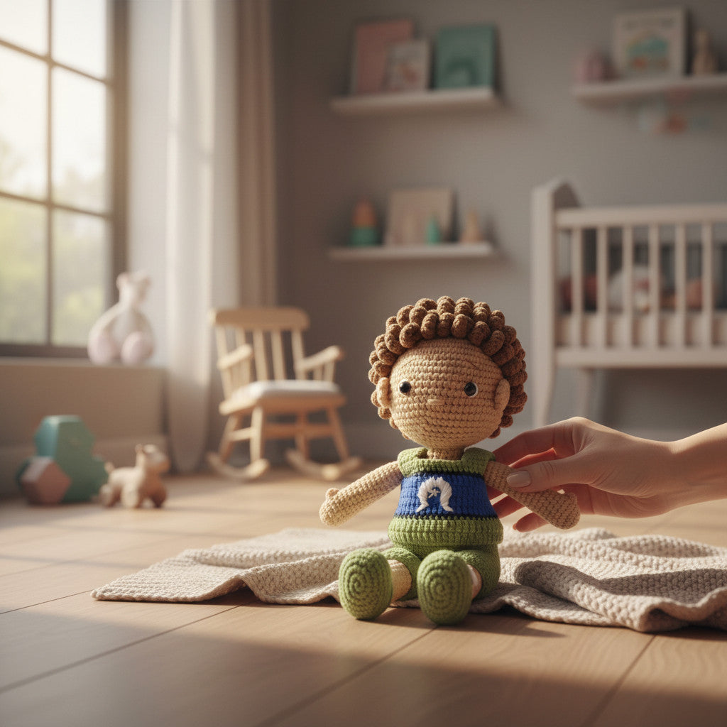 Suzie's Sunshine Dolls Malakai, a crocheted Torres Strait Islander doll with short brown hair, wearing green shorts and a blue top with a white Dhari symbol.