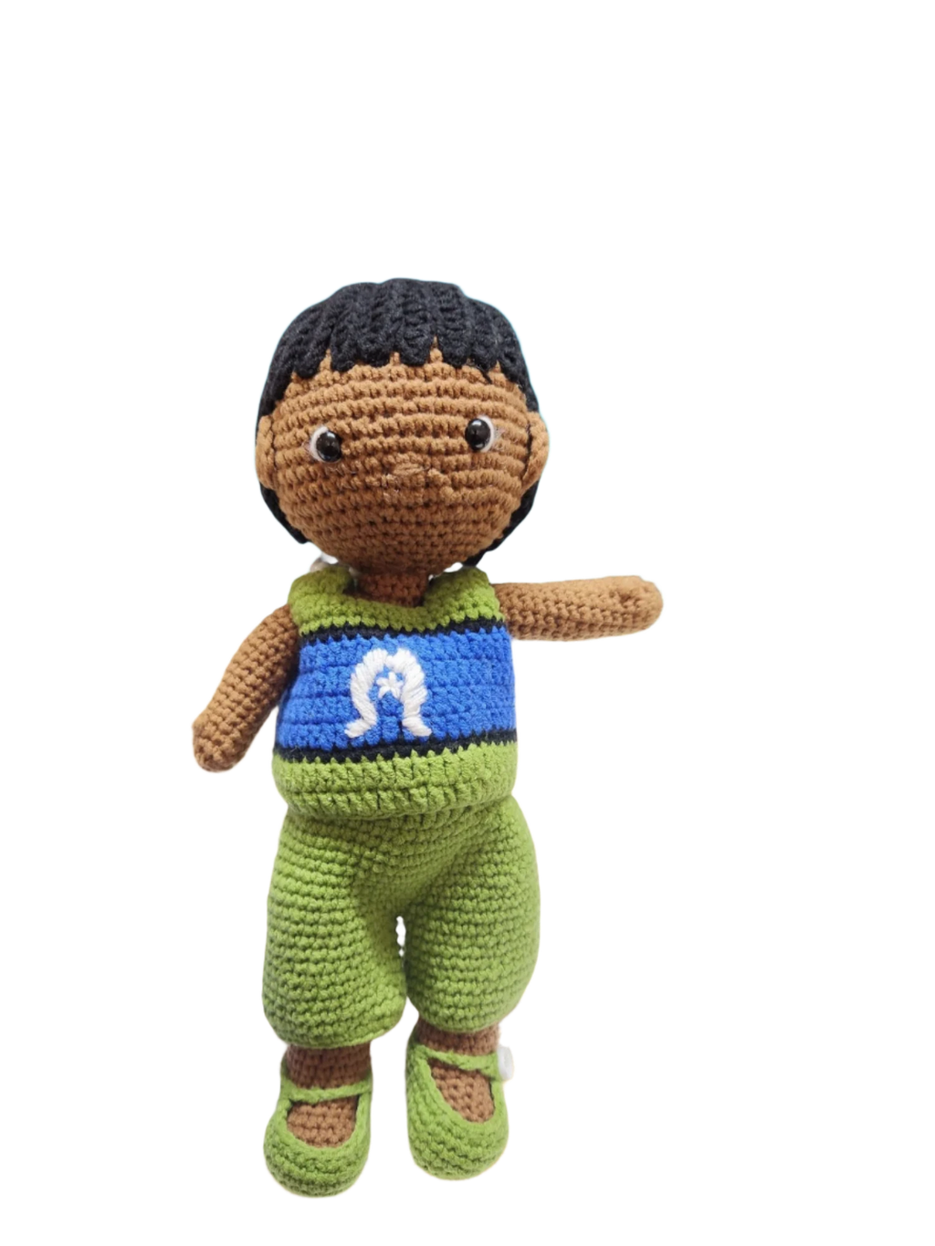 Suzie's Sunshine Dolls Malakai, a crocheted Torres Strait Islander doll with short black hair and a green outfit inspired by the flag.