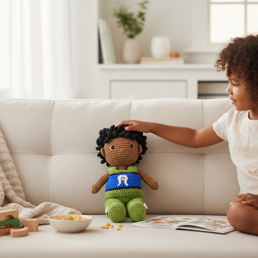 Suzie's Sunshine Dolls Malakai, a crocheted doll with short black hair, wearing green shorts and a blue top with white Dhari headdress detail.