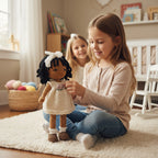 Suzie's Sunshine Dolls Matilda, a handmade crochet doll with black curly hair, wearing a cream knitted dress with pink rosebuds and a white lace bow.