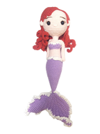 Suzie's Sunshine Dolls handmade crochet mermaid doll with red hair, pink top, and purple tail with white trim.