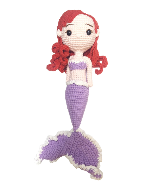 Suzie's Sunshine Dolls handmade crochet mermaid doll with red hair, pink top, and purple tail with white trim.