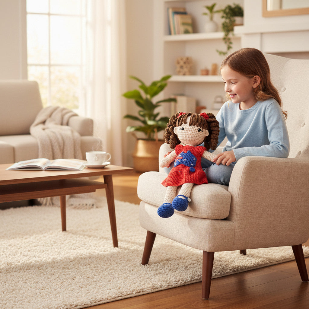 Suzie's Sunshine Dolls Mia, a crocheted doll with long brown hair, wearing a red dress with Australia flag appliqué and blue shoes.