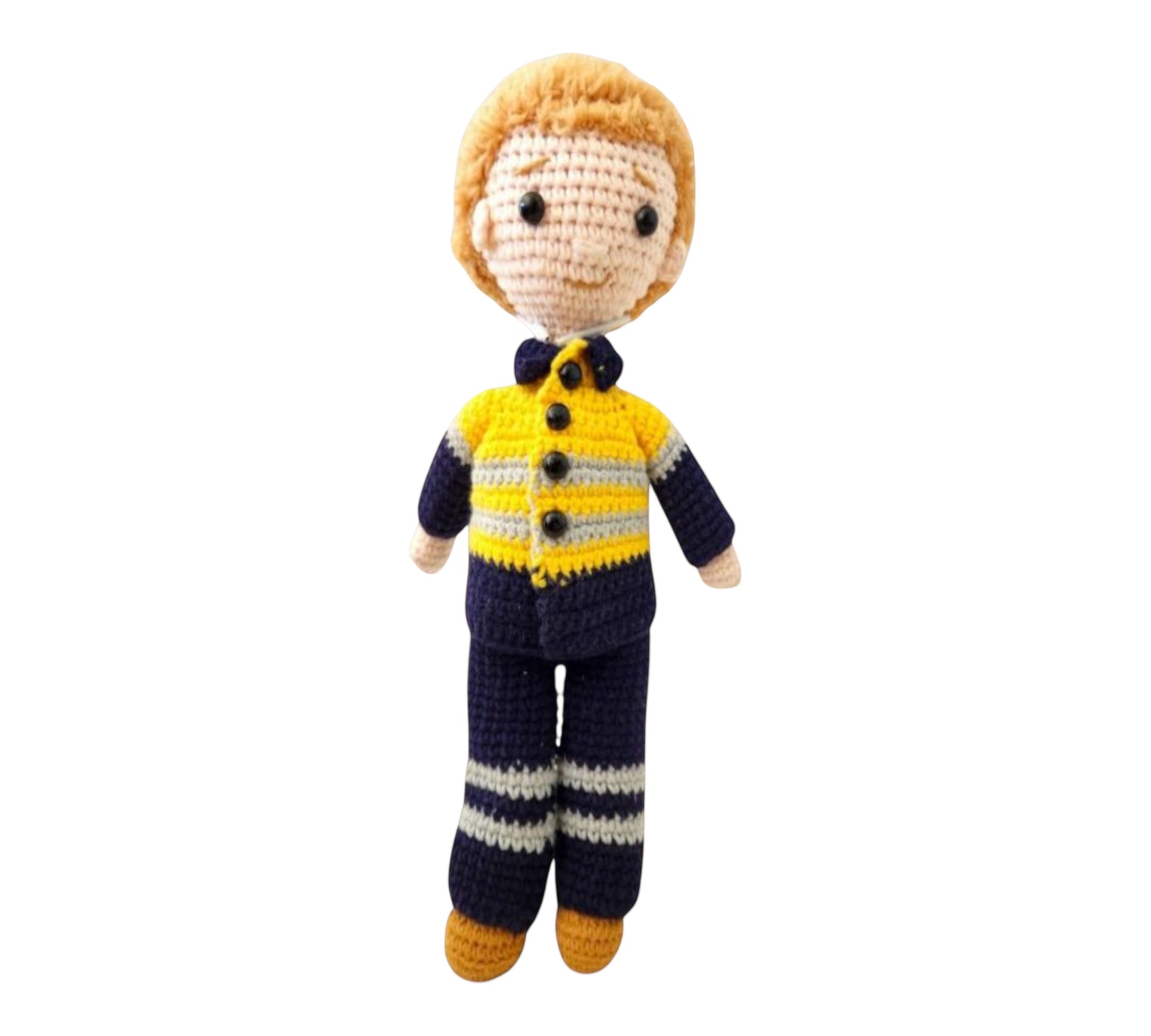 Suzie's Sunshine Dolls Miner/Tradie doll in yellow hi-vis, navy pants, and grey stripes. Handmade crochet toy.
