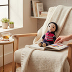 Suzie's Sunshine Dolls Miner/Tradie doll in pink hi-vis, navy pants, and striped cuffs. Handmade crochet toy.