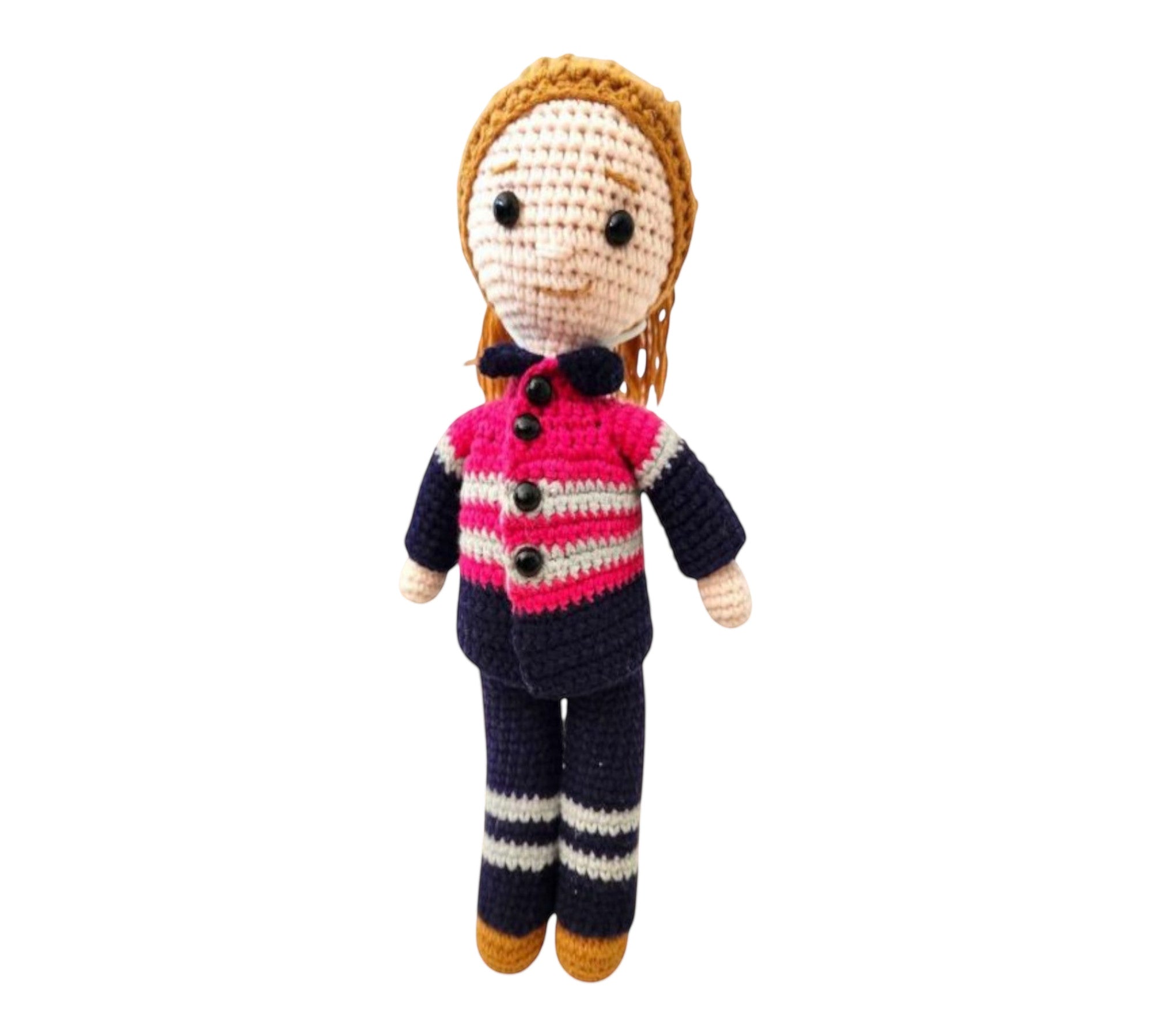 Suzie's Sunshine Dolls Miner/Tradie doll in pink hi-vis, navy pants, and striped legs. Handmade crochet toy.