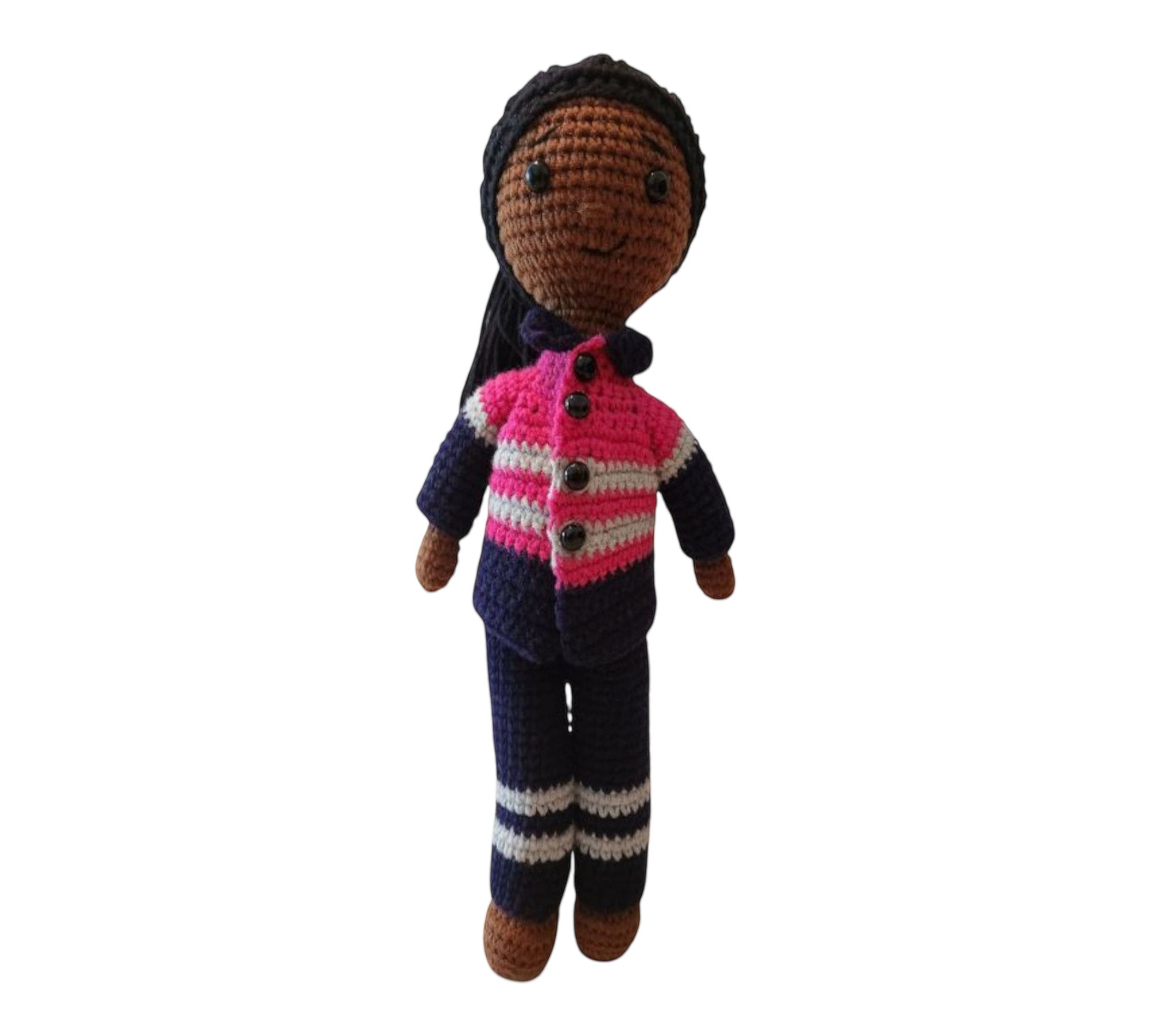 Suzie's Sunshine Dolls Miner/Tradie doll in pink hi-vis, navy pants, and striped socks. Handmade crochet.
